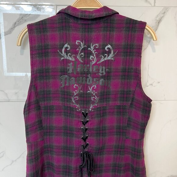 Harley-Davidson, Zippered Tank Top, Purple Black Plaid, Tank Top, Size L - Picture 2 of 6